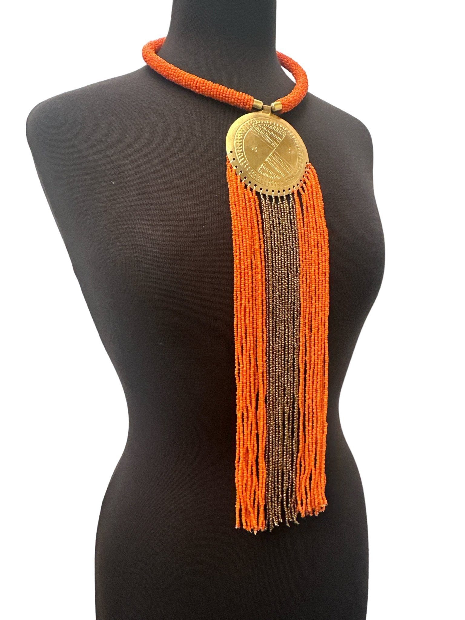 African Authentic Engraved Brass Long Orange Beaded Fringe Pendant Necklace - Fatisha Boutique
