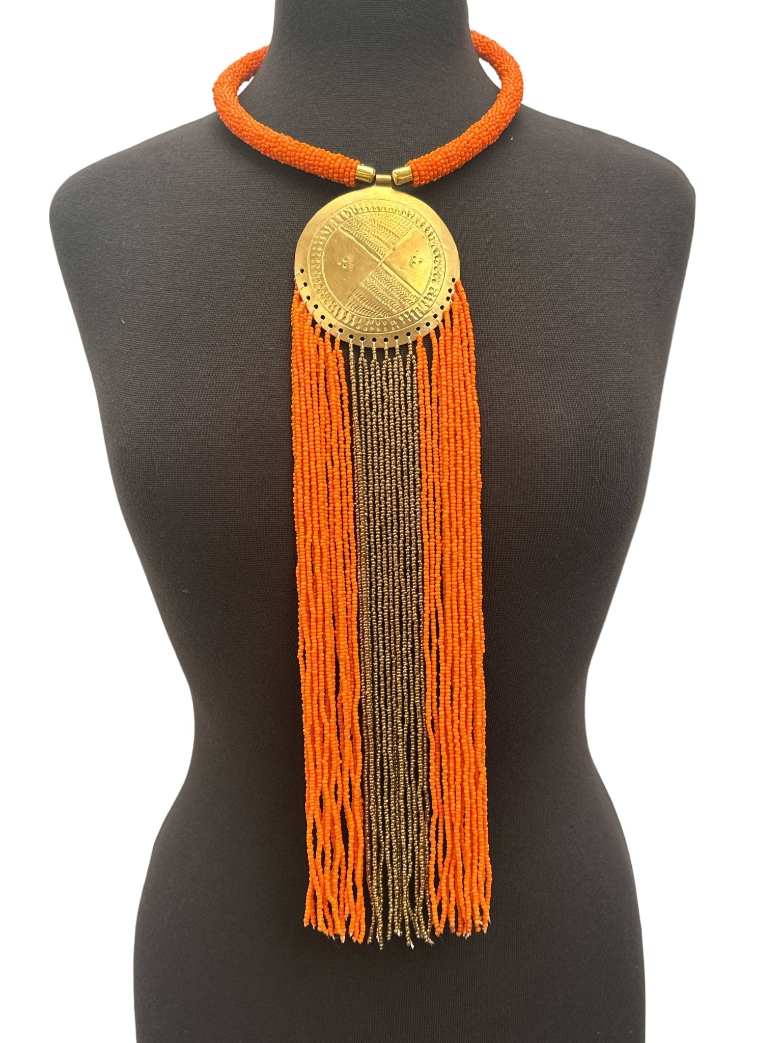 African Authentic Engraved Brass Long Orange Beaded Fringe Pendant Necklace - Fatisha Boutique