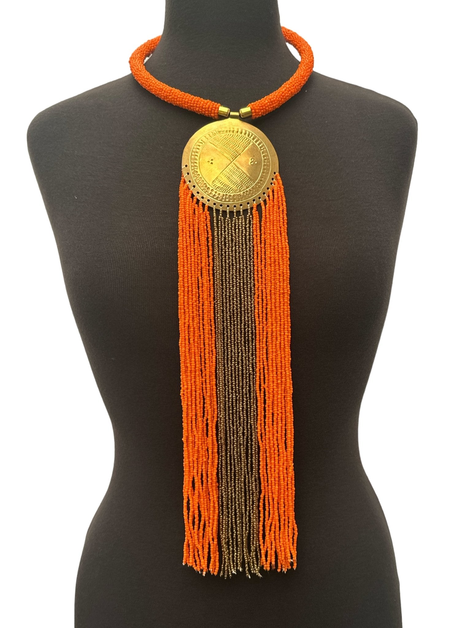 African Authentic Engraved Brass Long Orange Beaded Fringe Pendant Necklace - Fatisha Boutique