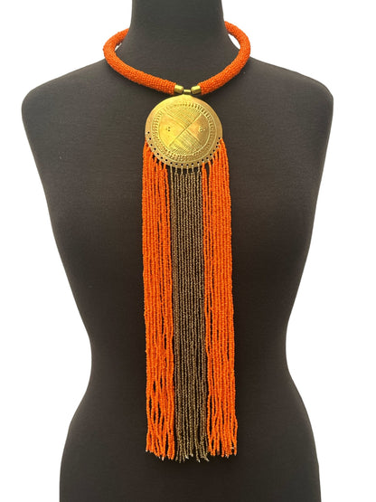African Authentic Engraved Brass Long Orange Beaded Fringe Pendant Necklace - Fatisha Boutique