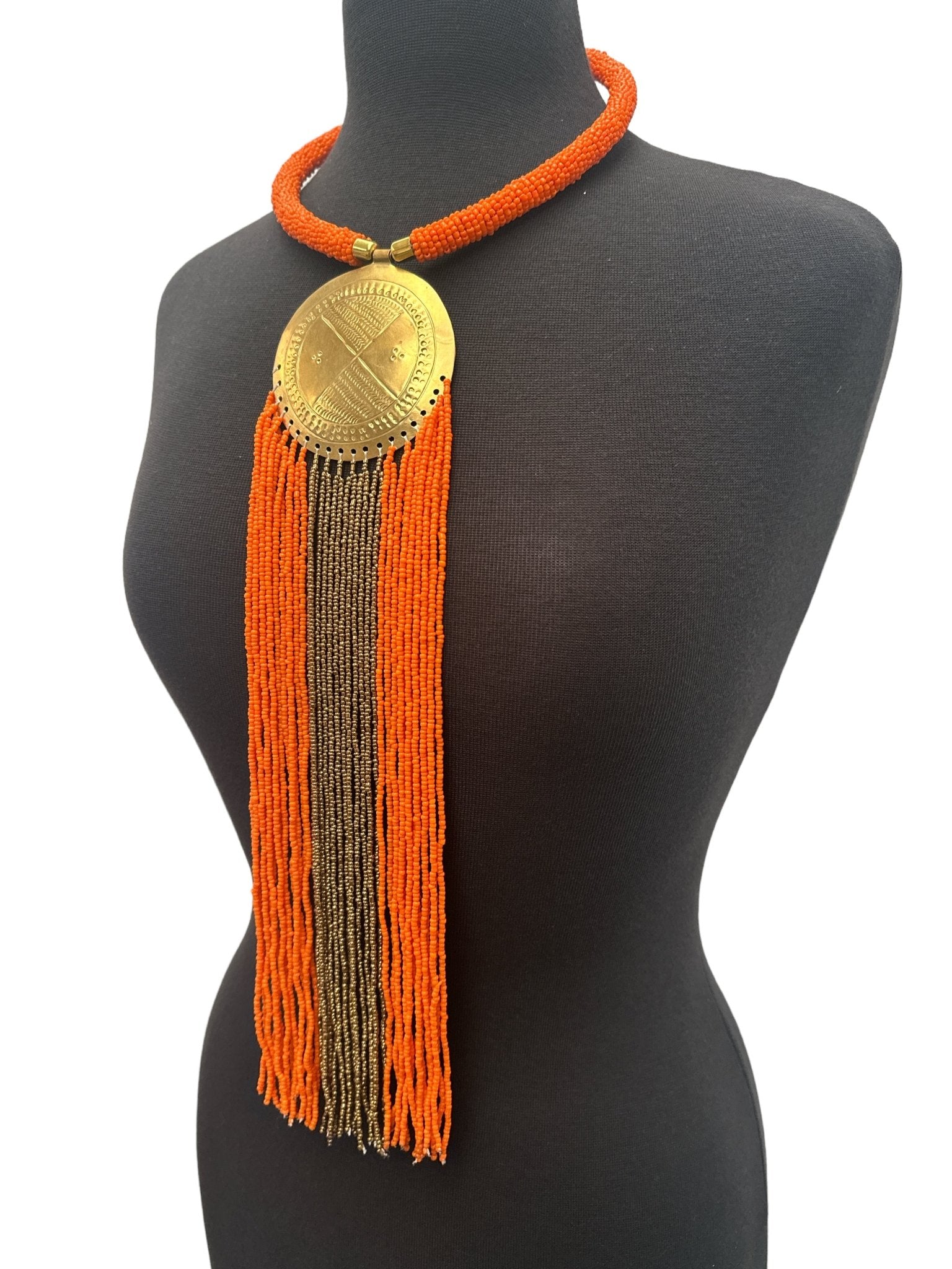 African Authentic Engraved Brass Long Orange Beaded Fringe Pendant Necklace - Fatisha Boutique