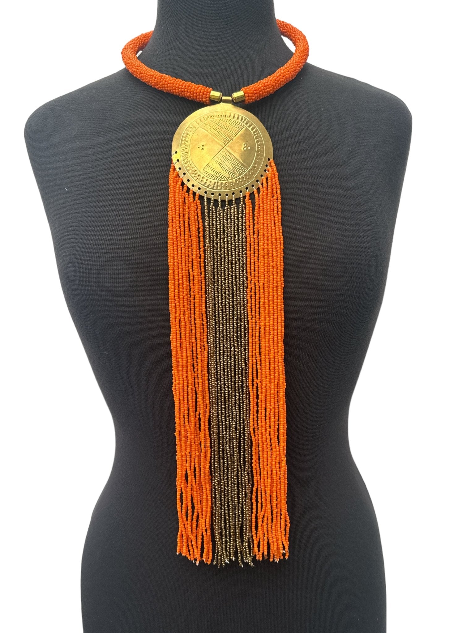 African Authentic Engraved Brass Long Orange Beaded Fringe Pendant Necklace - Fatisha Boutique
