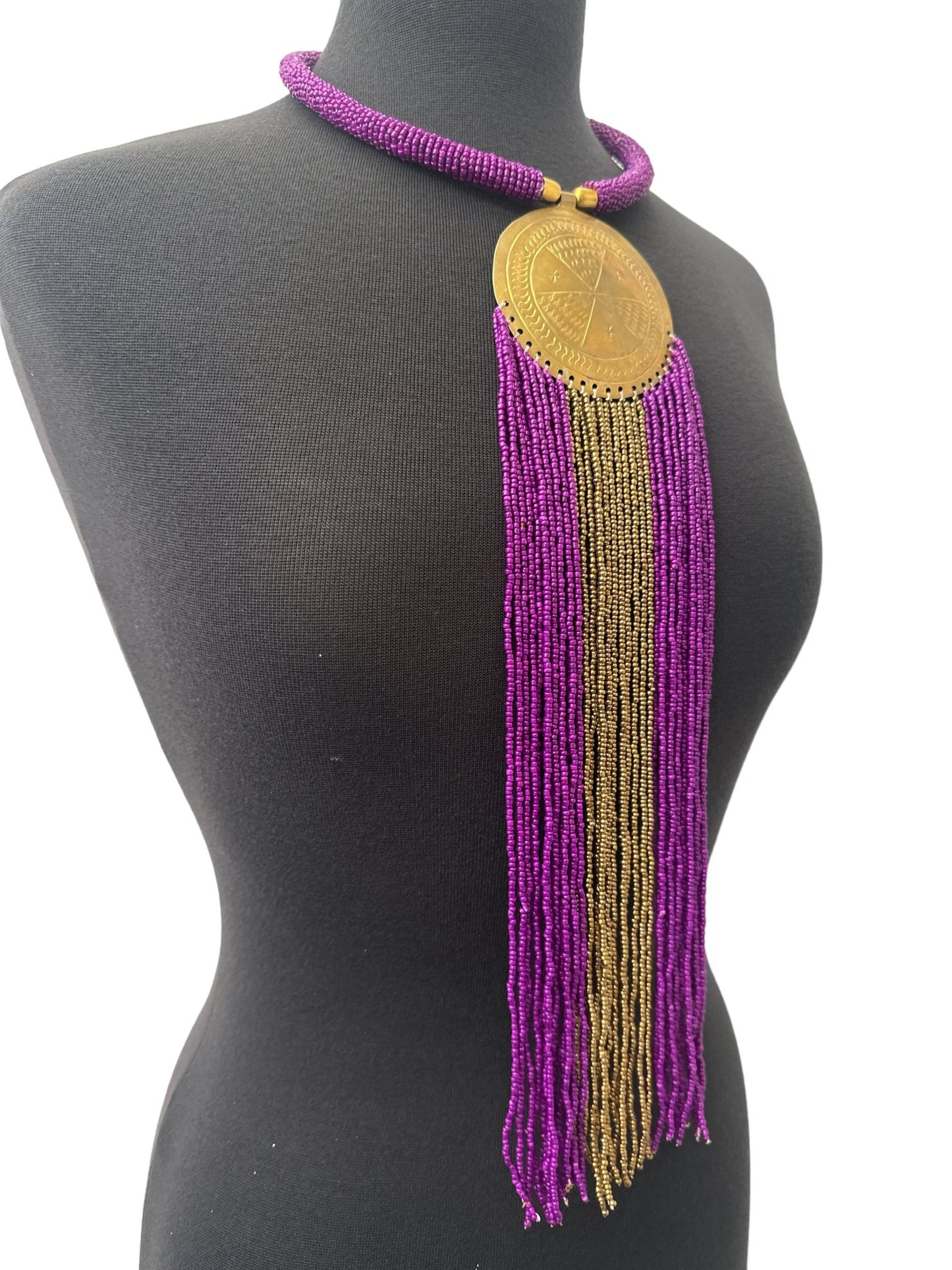 African Authentic Engraved Brass Long Purple Beaded Fringe Pendant Necklace - Fatisha Boutique