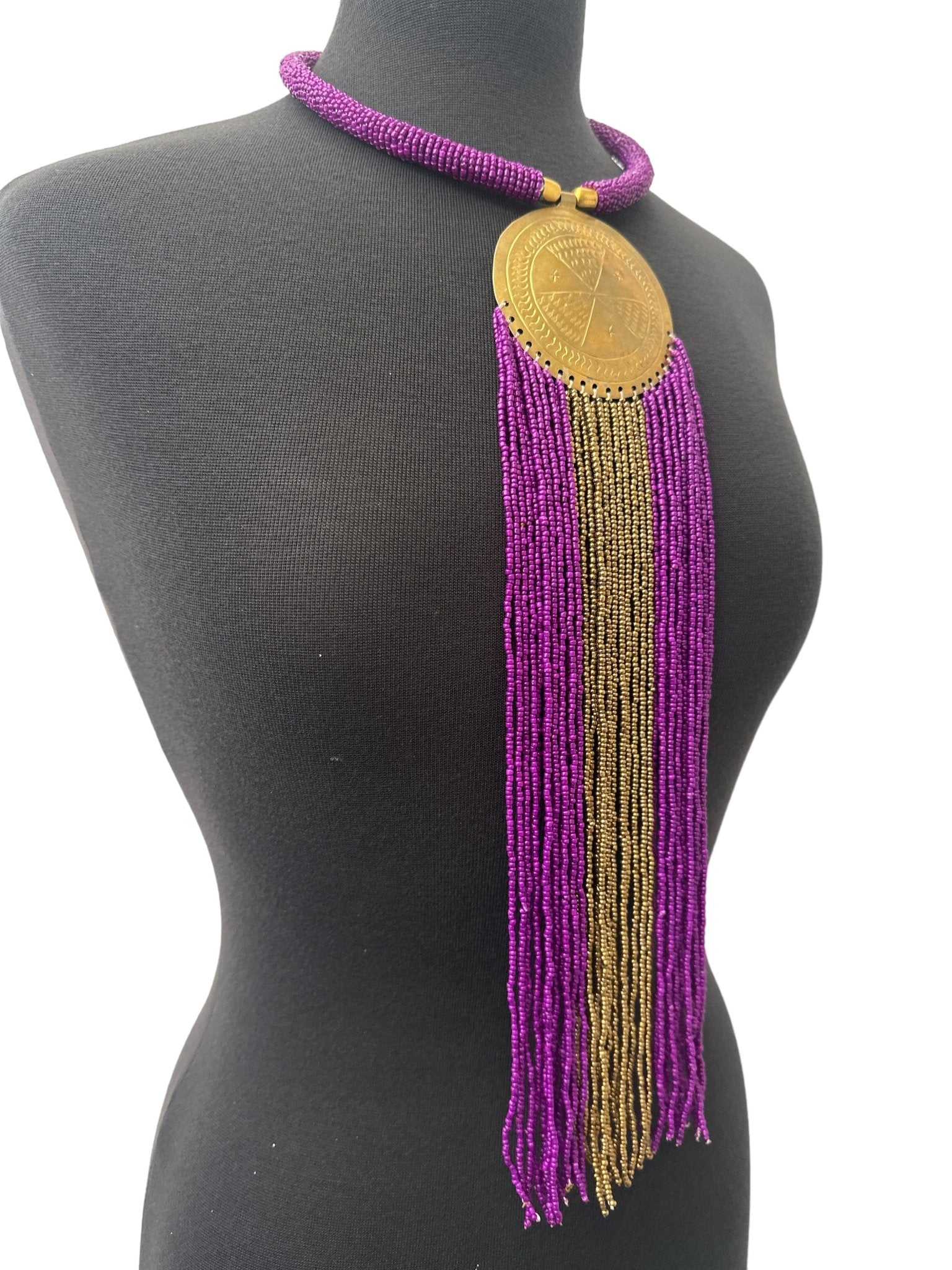 African Authentic Engraved Brass Long Purple Beaded Fringe Pendant Necklace - Fatisha Boutique