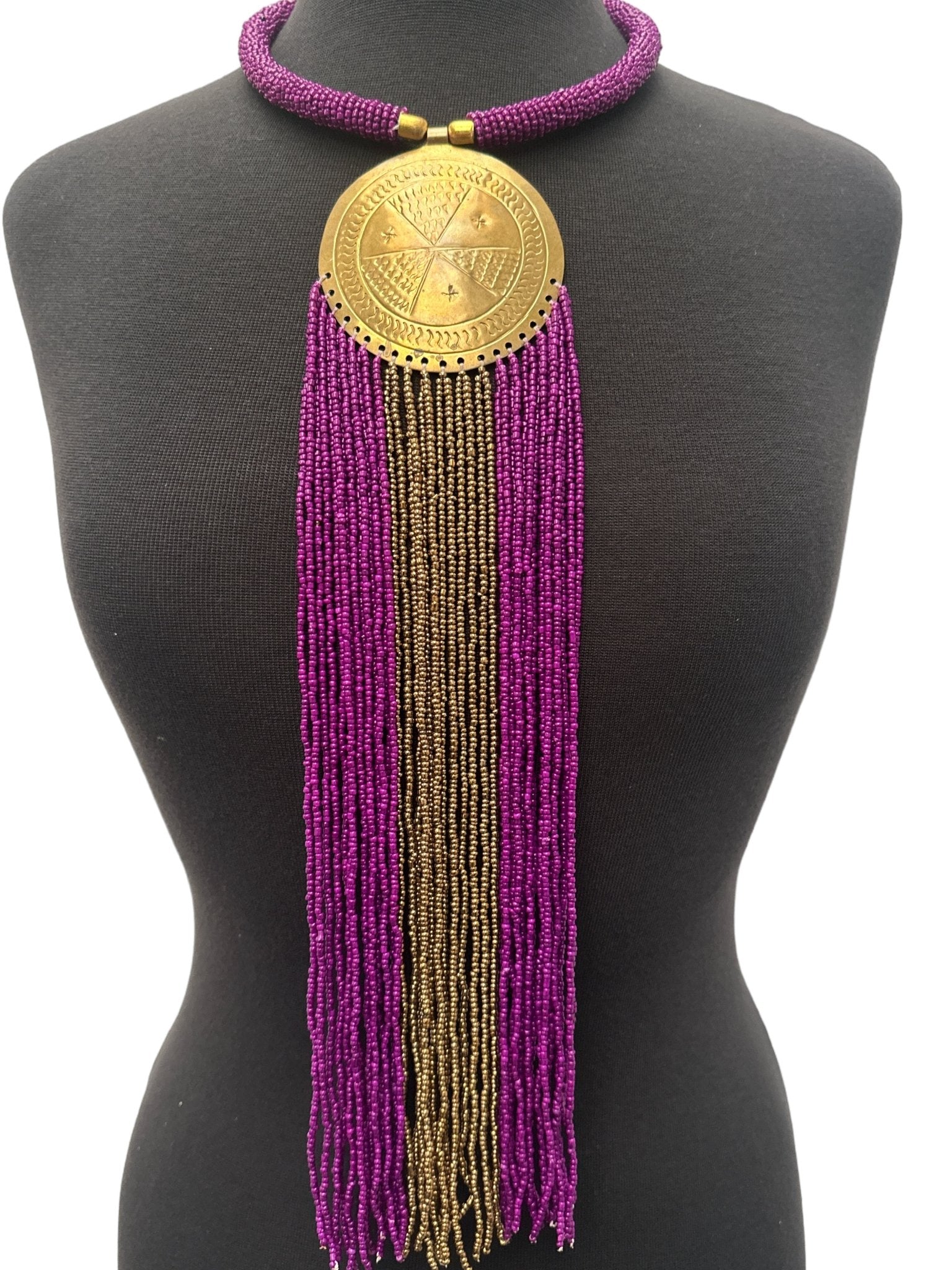 African Authentic Engraved Brass Long Purple Beaded Fringe Pendant Necklace - Fatisha Boutique