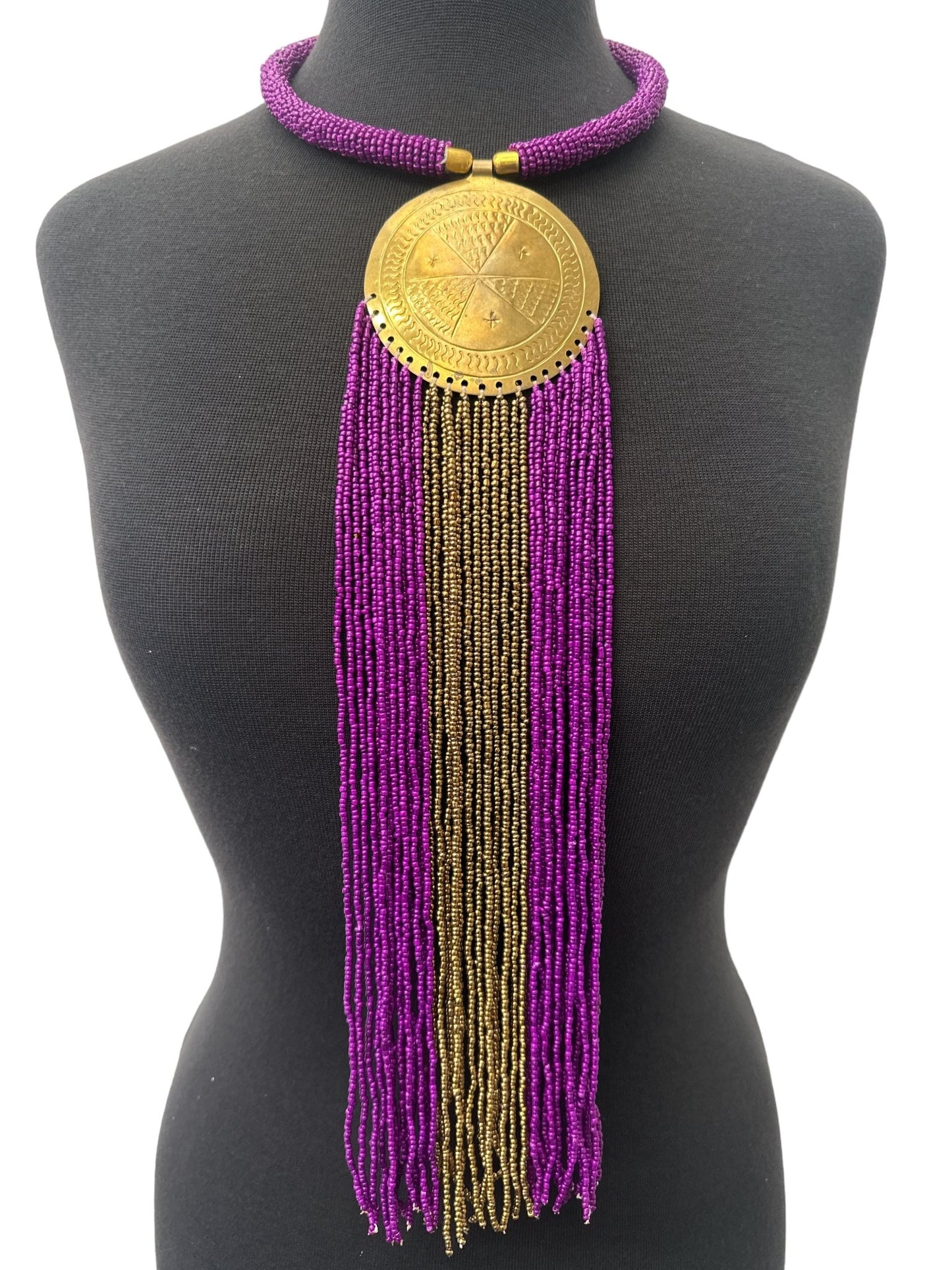 African Authentic Engraved Brass Long Purple Beaded Fringe Pendant Necklace - Fatisha Boutique