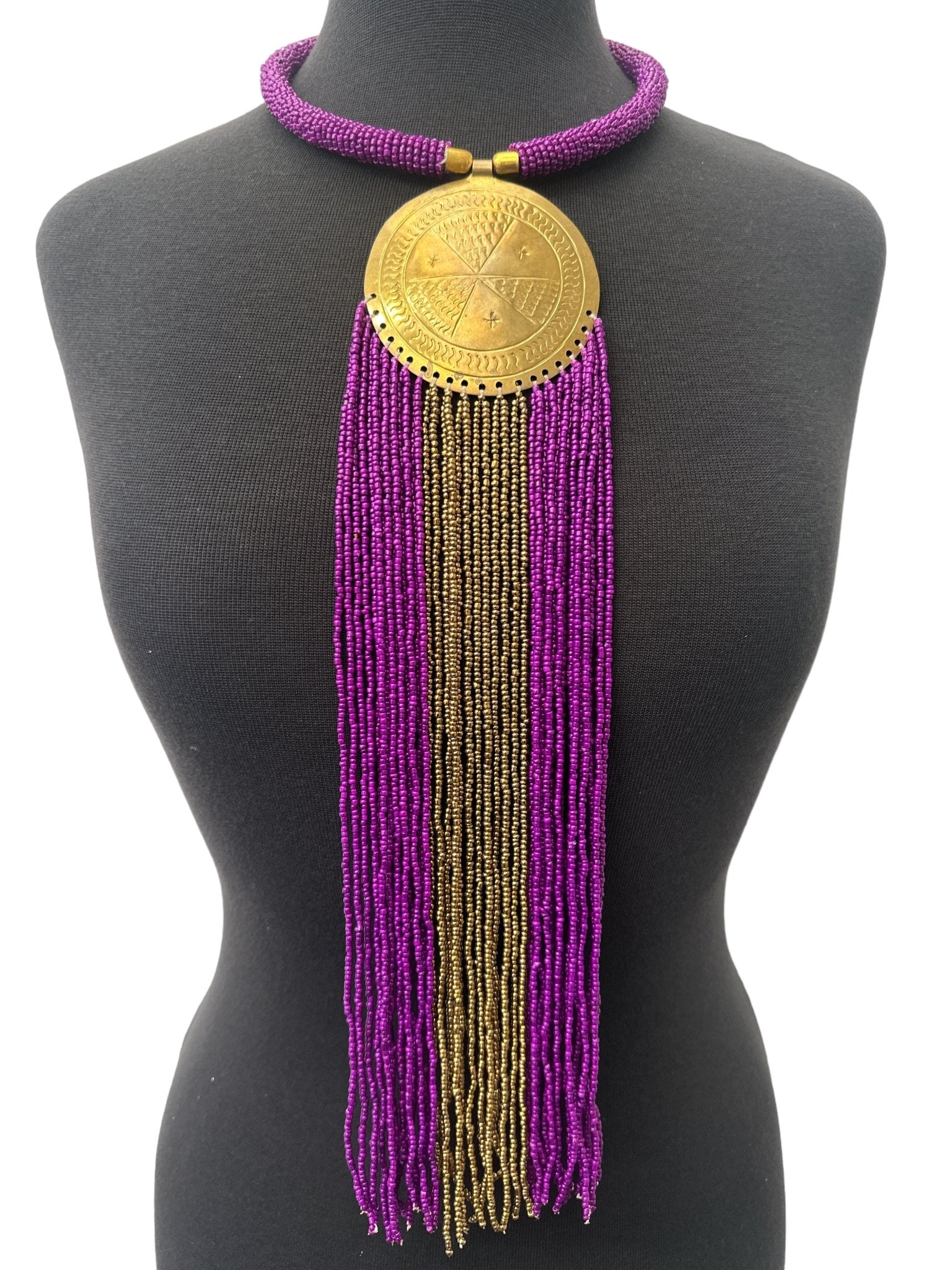 African Authentic Engraved Brass Long Purple Beaded Fringe Pendant Necklace - Fatisha Boutique
