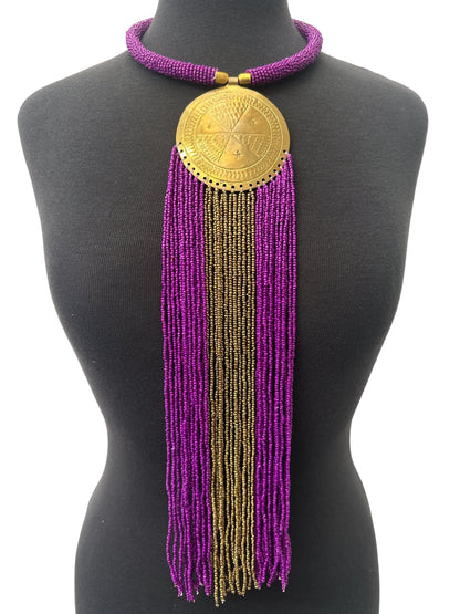 African Authentic Engraved Brass Long Purple Beaded Fringe Pendant Necklace - Fatisha Boutique