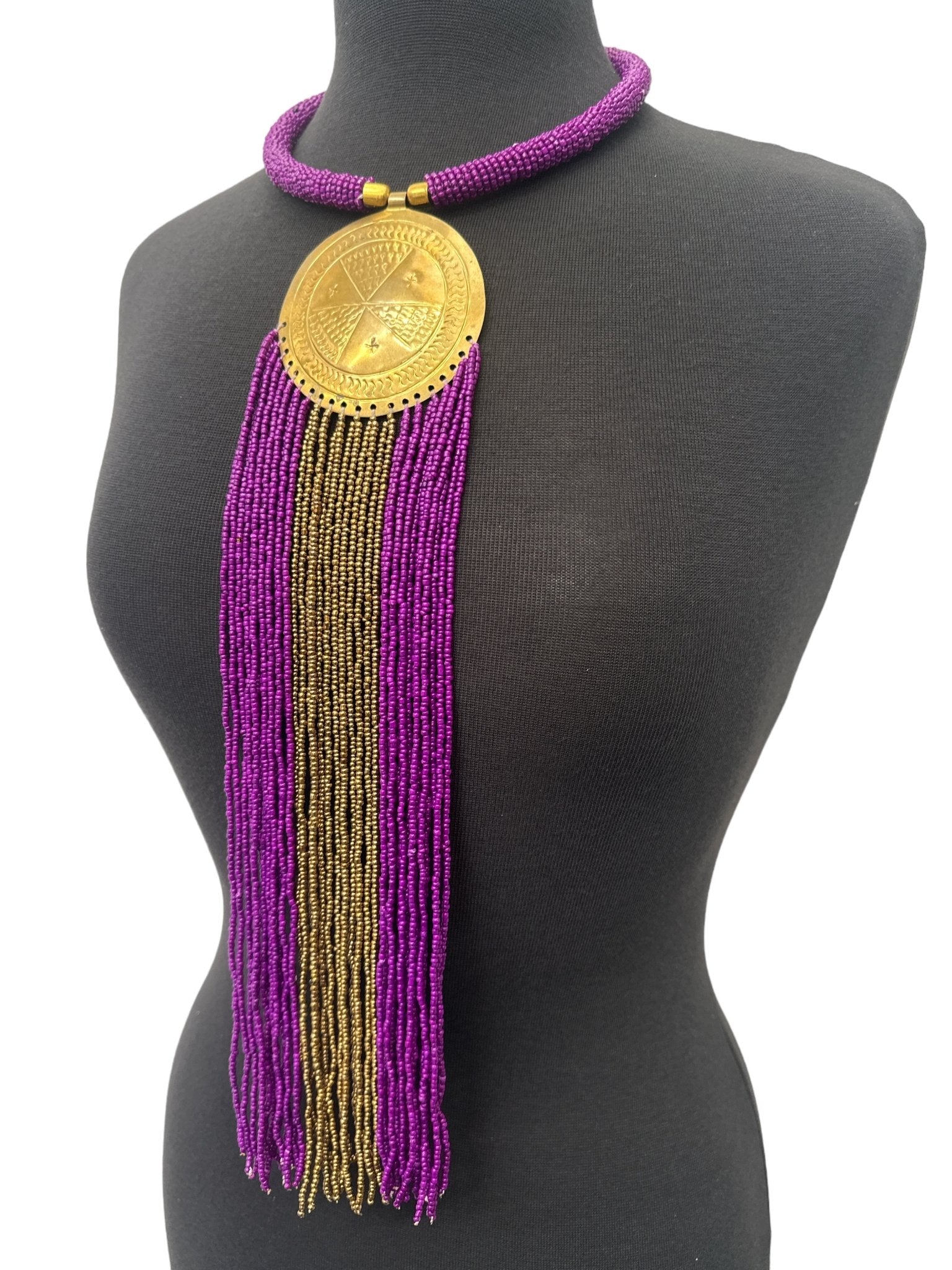 African Authentic Engraved Brass Long Purple Beaded Fringe Pendant Necklace - Fatisha Boutique