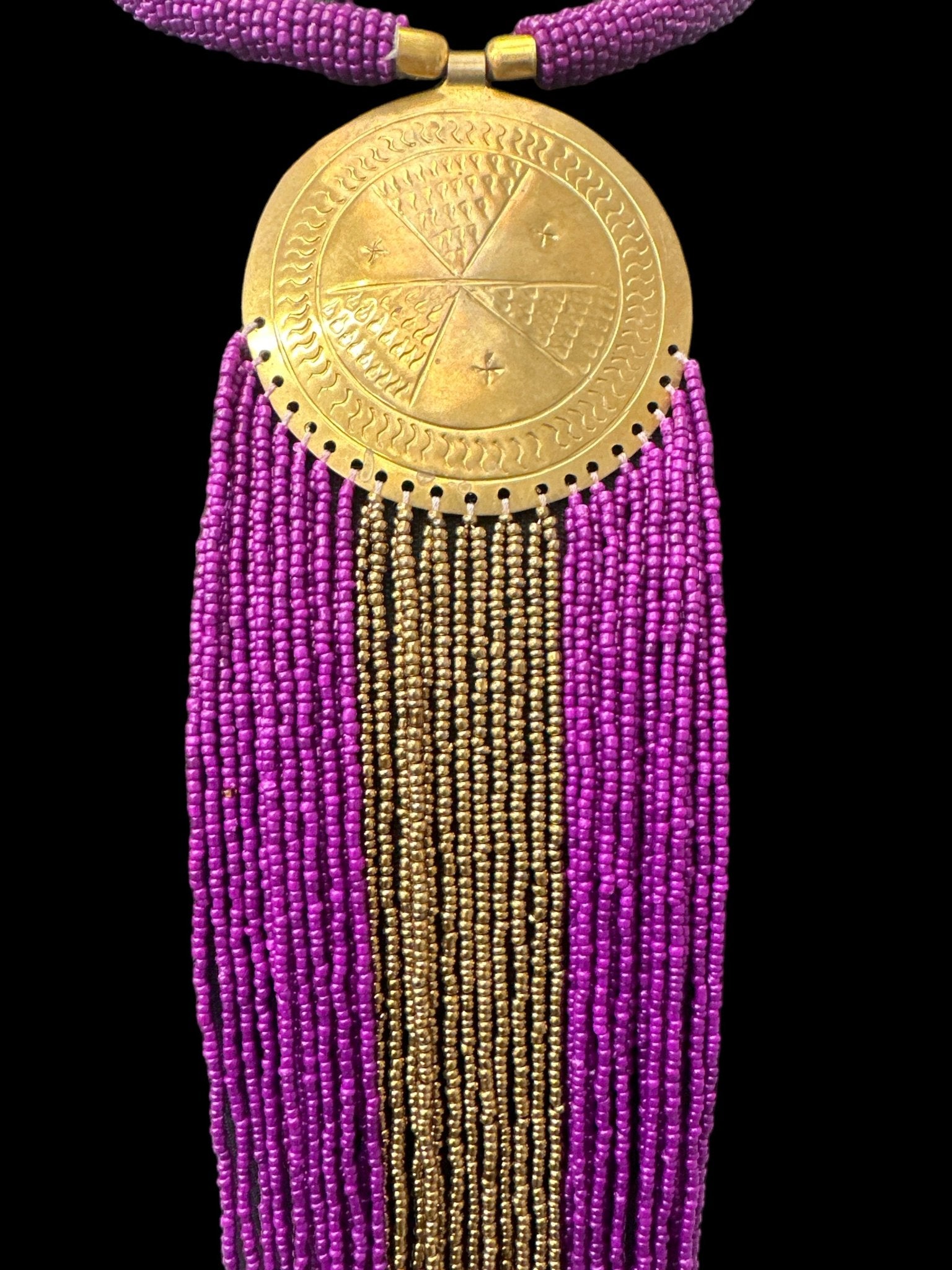 African Authentic Engraved Brass Long Purple Beaded Fringe Pendant Necklace - Fatisha Boutique