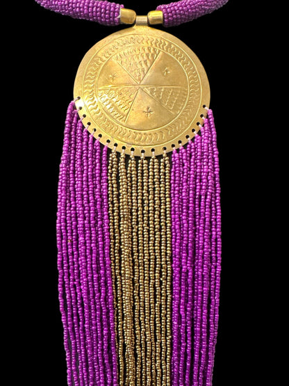 African Authentic Engraved Brass Long Purple Beaded Fringe Pendant Necklace - Fatisha Boutique