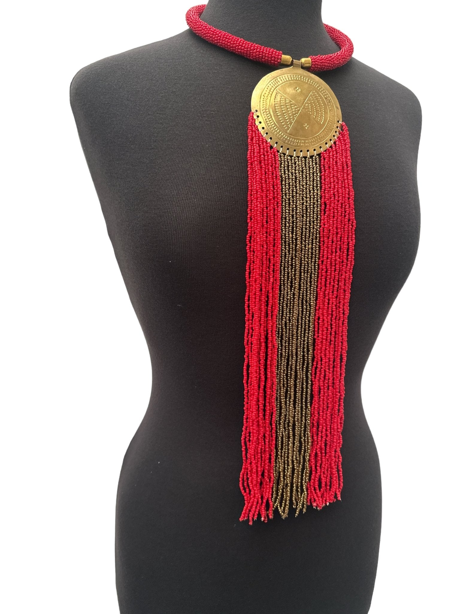 African Authentic Engraved Brass Long Red Beaded Fringe Pendant Necklace - Fatisha Boutique