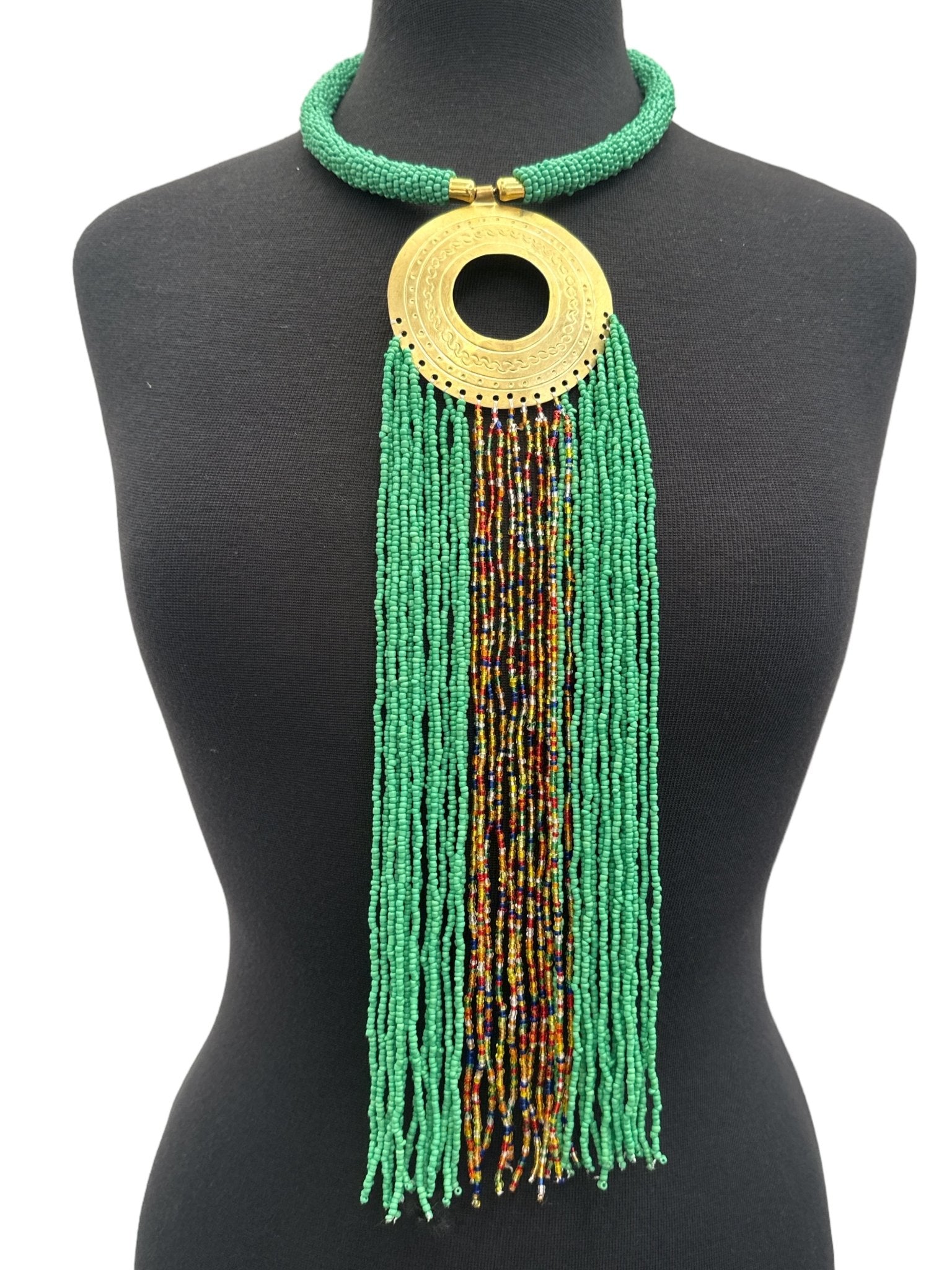 African Authentic Engraved Brass Long Red Beaded Fringe Pendant Necklace - Fatisha Boutique