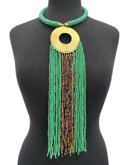 African Authentic Engraved Brass Long Red Beaded Fringe Pendant Necklace - Fatisha Boutique