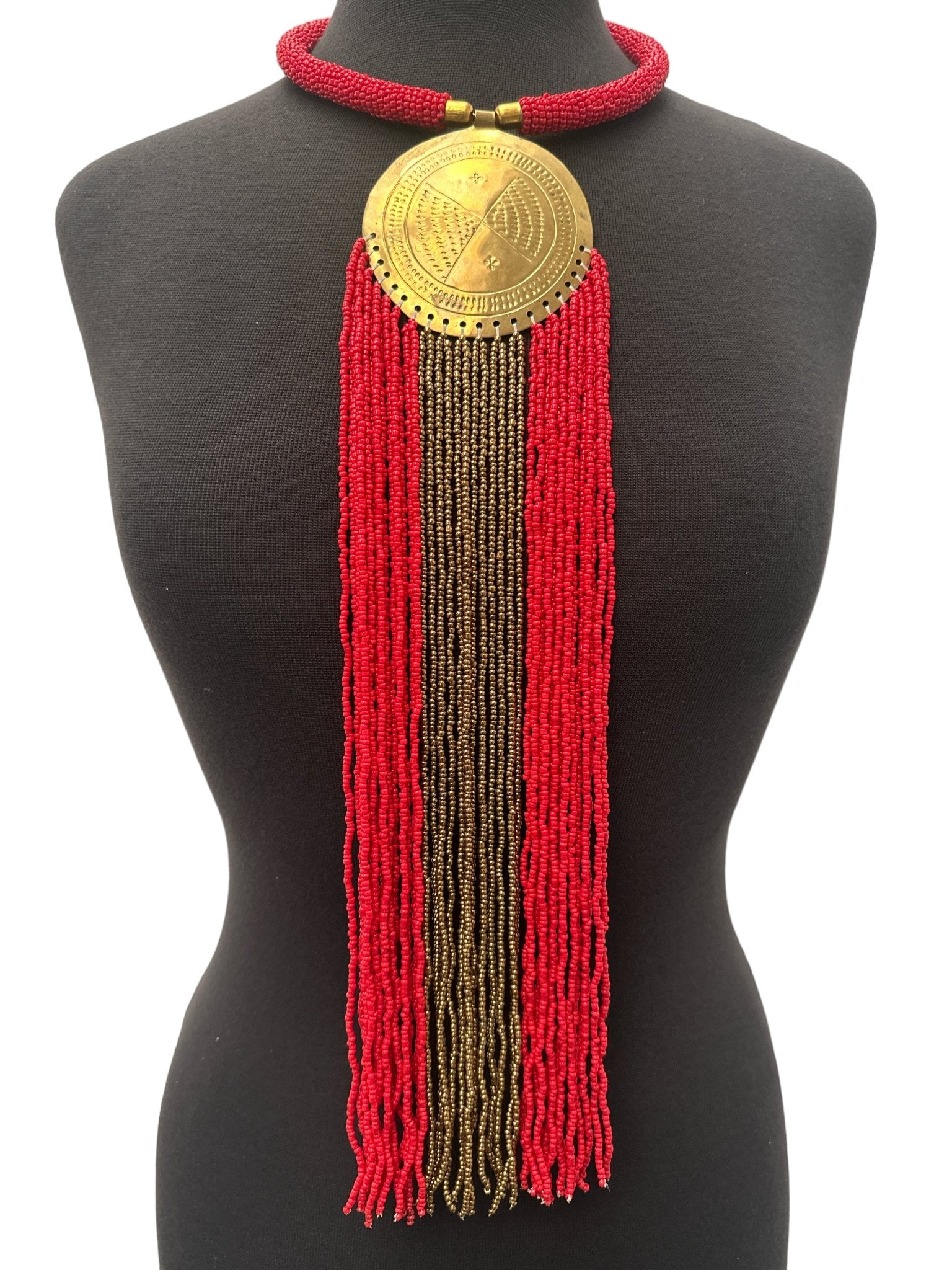 African Authentic Engraved Brass Long Red Beaded Fringe Pendant Necklace - Fatisha Boutique