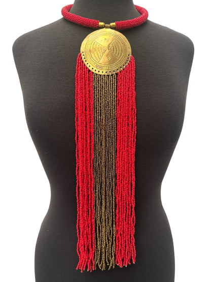 African Authentic Engraved Brass Long Red Beaded Fringe Pendant Necklace - Fatisha Boutique
