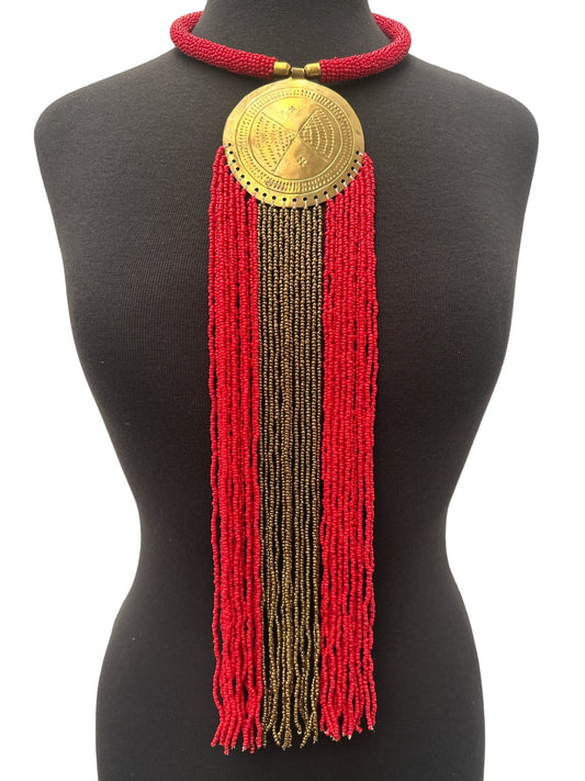 African Authentic Engraved Brass Long Red Beaded Fringe Pendant Necklace - Fatisha Boutique