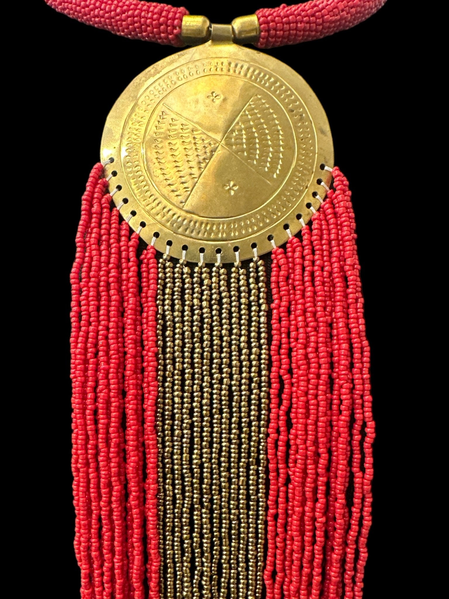 African Authentic Engraved Brass Long Red Beaded Fringe Pendant Necklace - Fatisha Boutique