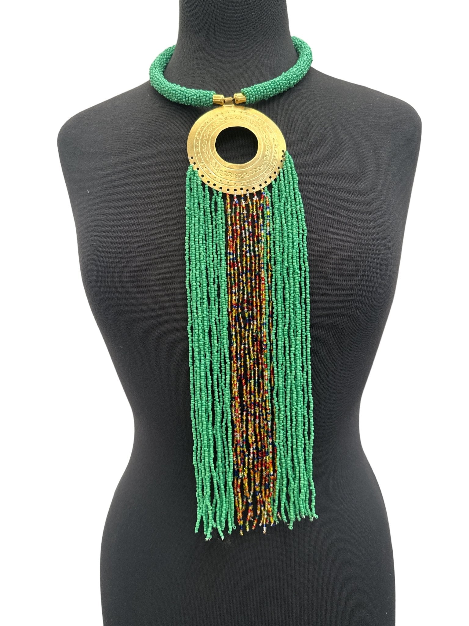 African Authentic Engraved Brass Long Red Beaded Fringe Pendant Necklace - Fatisha Boutique