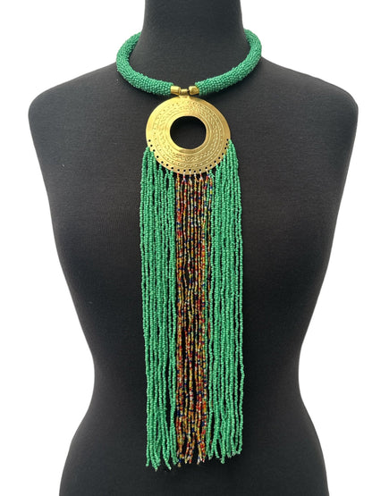 African Authentic Engraved Brass Long Red Beaded Fringe Pendant Necklace - Fatisha Boutique