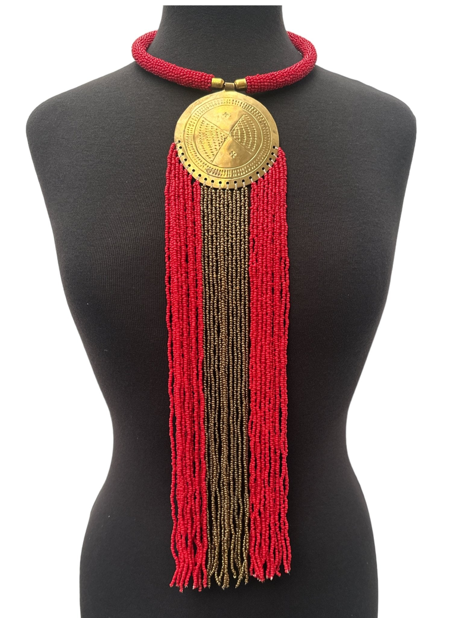 African Authentic Engraved Brass Long Red Beaded Fringe Pendant Necklace - Fatisha Boutique