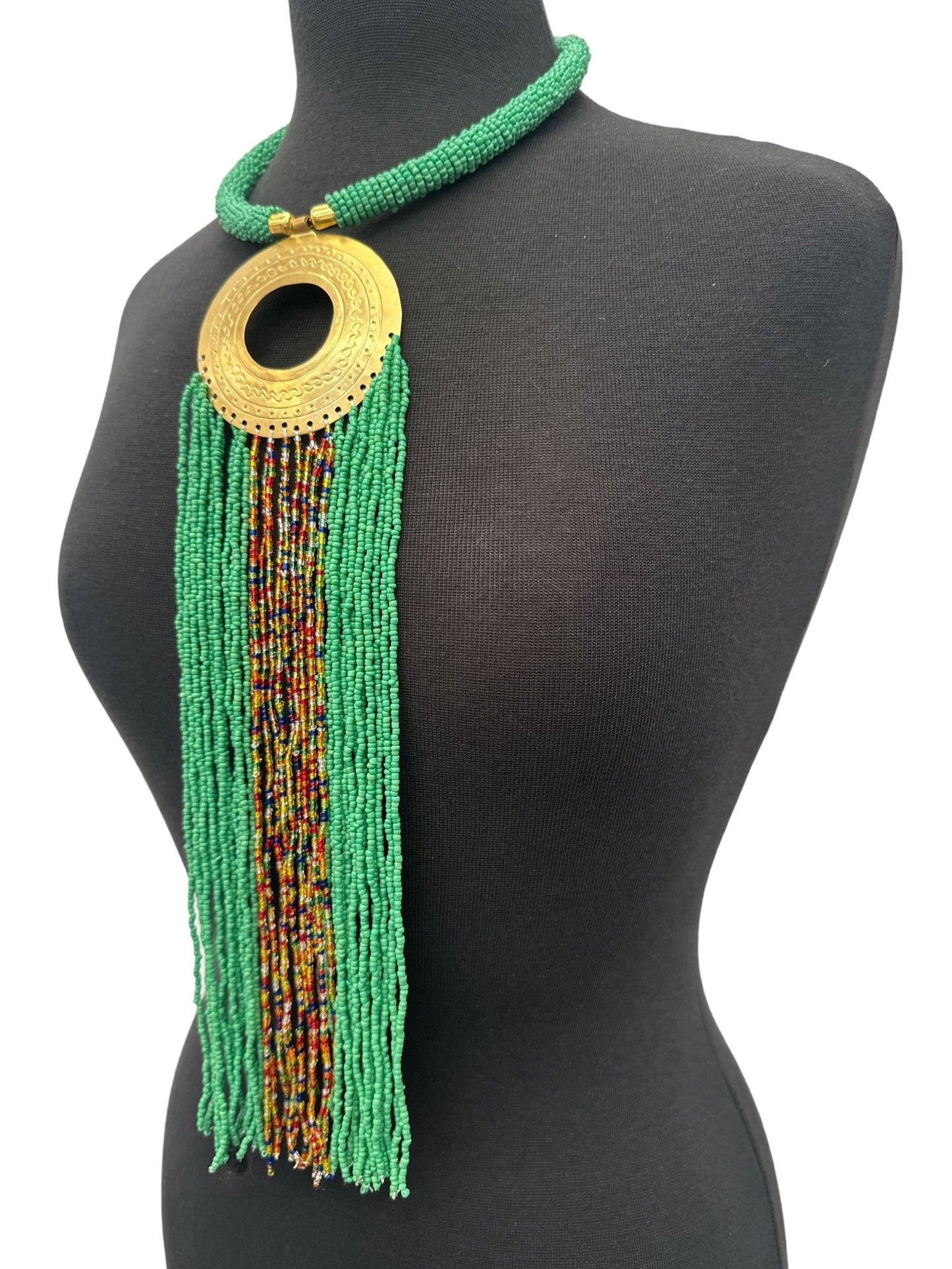African Authentic Engraved Brass Long Red Beaded Fringe Pendant Necklace - Fatisha Boutique