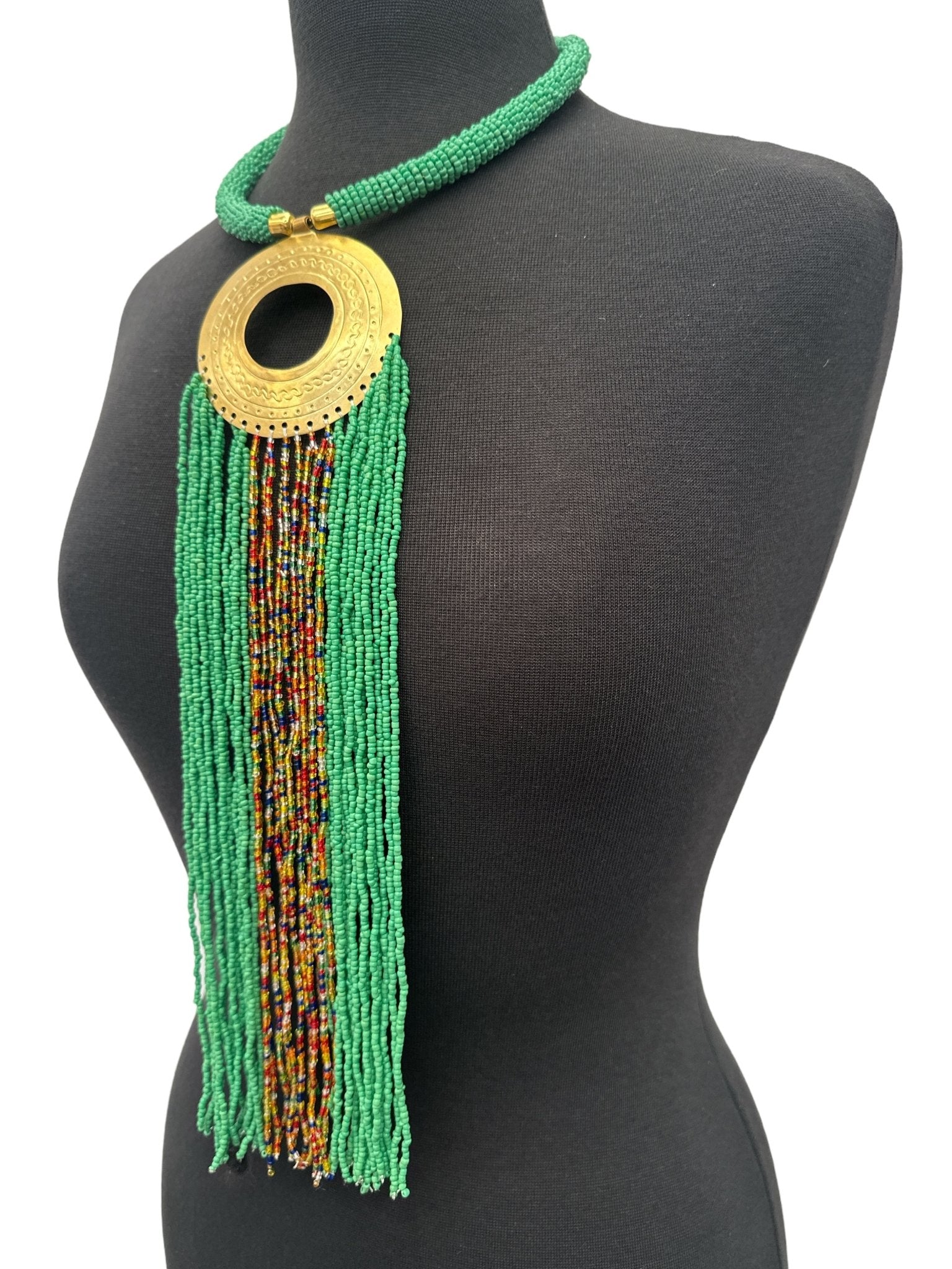 African Authentic Engraved Brass Long Red Beaded Fringe Pendant Necklace - Fatisha Boutique