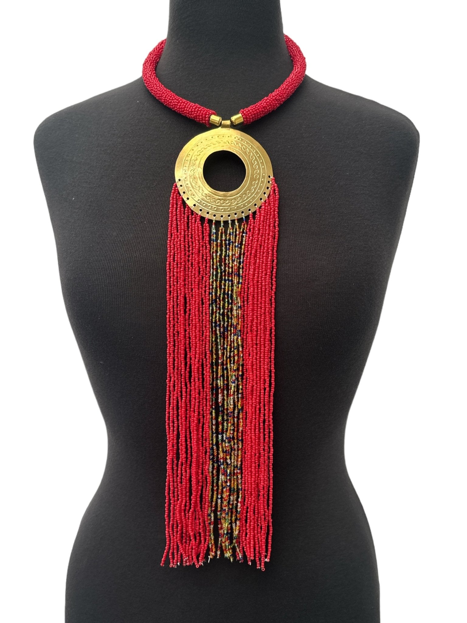 African Authentic Engraved Brass Long Red Beaded Fringe Pendant Necklace - Fatisha Boutique