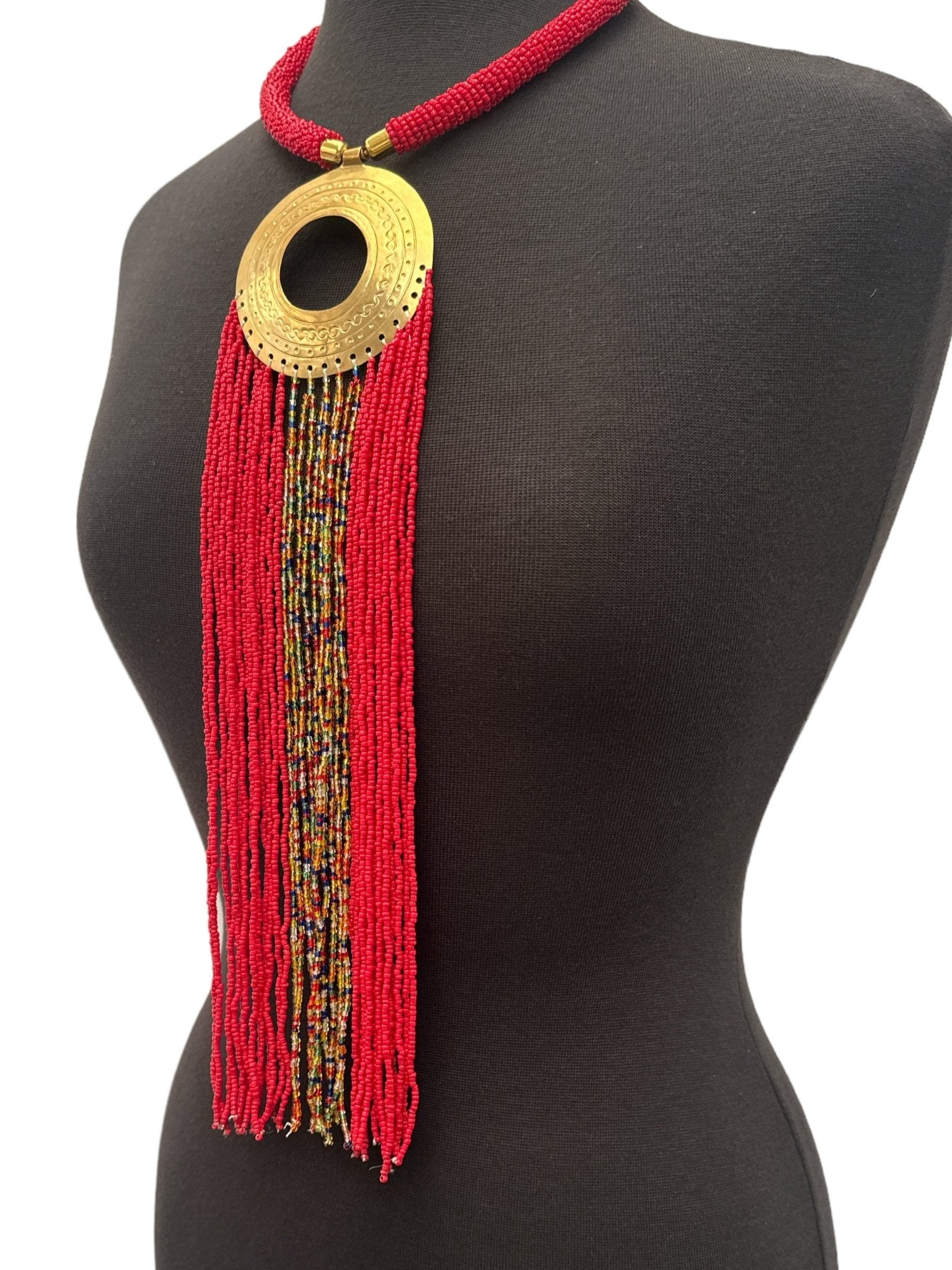 African Authentic Engraved Brass Long Red Beaded Fringe Pendant Necklace - Fatisha Boutique