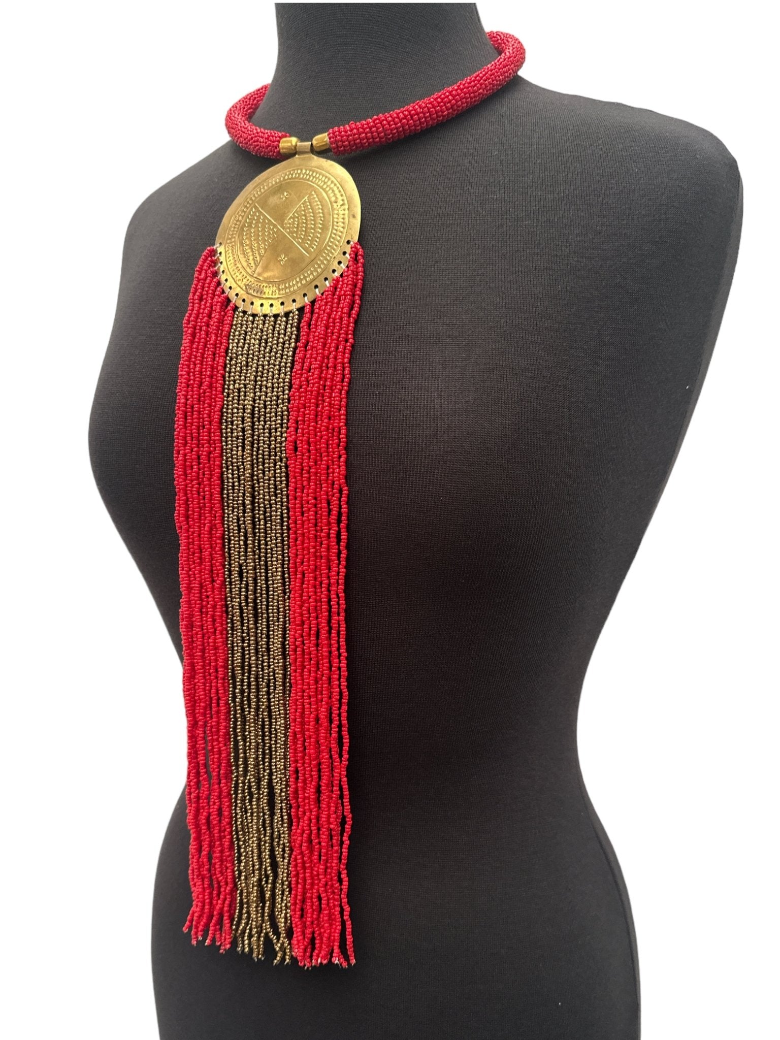 African Authentic Engraved Brass Long Red Beaded Fringe Pendant Necklace - Fatisha Boutique