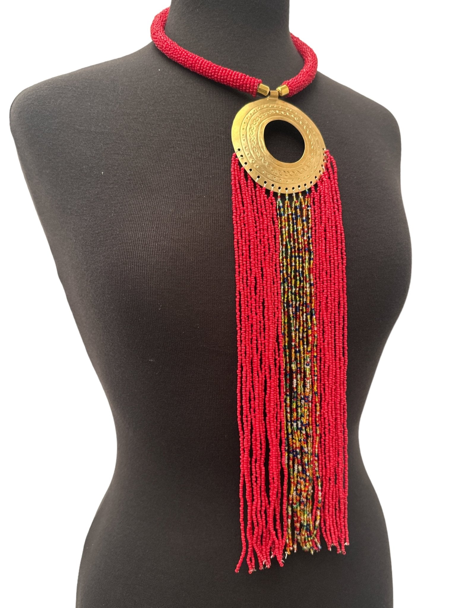 African Authentic Engraved Brass Long Red Beaded Fringe Pendant Necklace - Fatisha Boutique