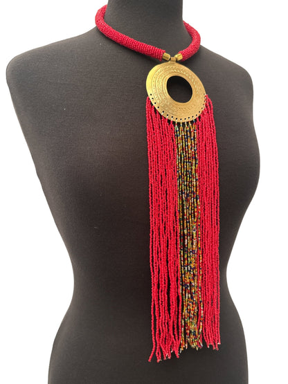 African Authentic Engraved Brass Long Red Beaded Fringe Pendant Necklace - Fatisha Boutique