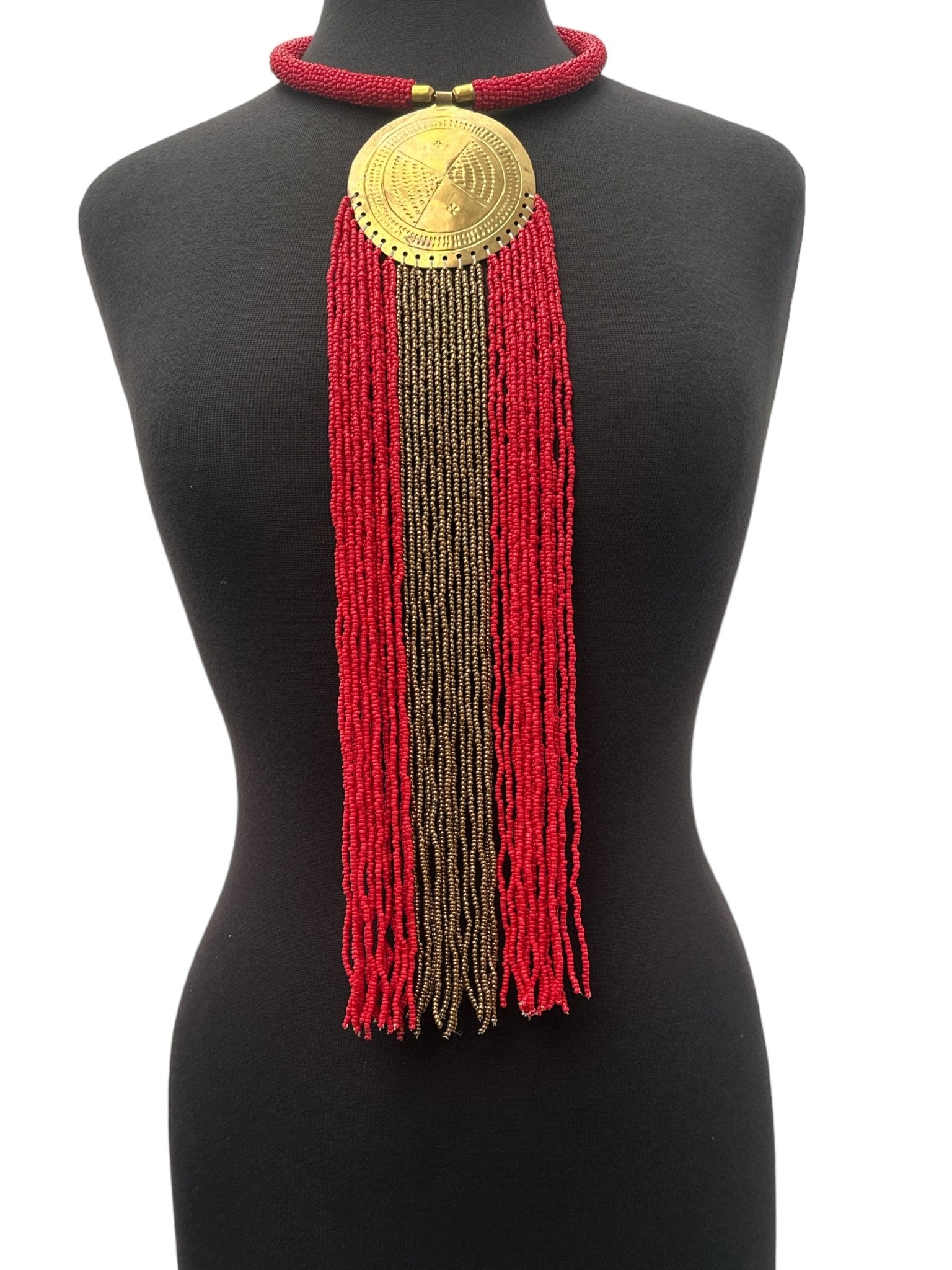 African Authentic Engraved Brass Long Red Beaded Fringe Pendant Necklace - Fatisha Boutique