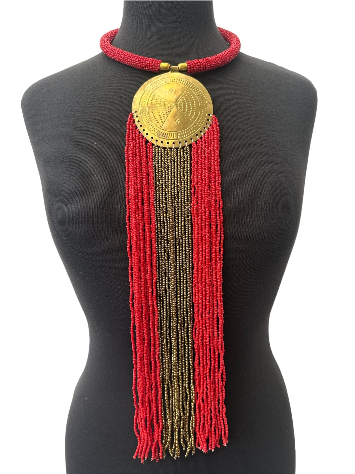 African Authentic Engraved Brass Long Red Beaded Fringe Pendant Necklace - Fatisha Boutique