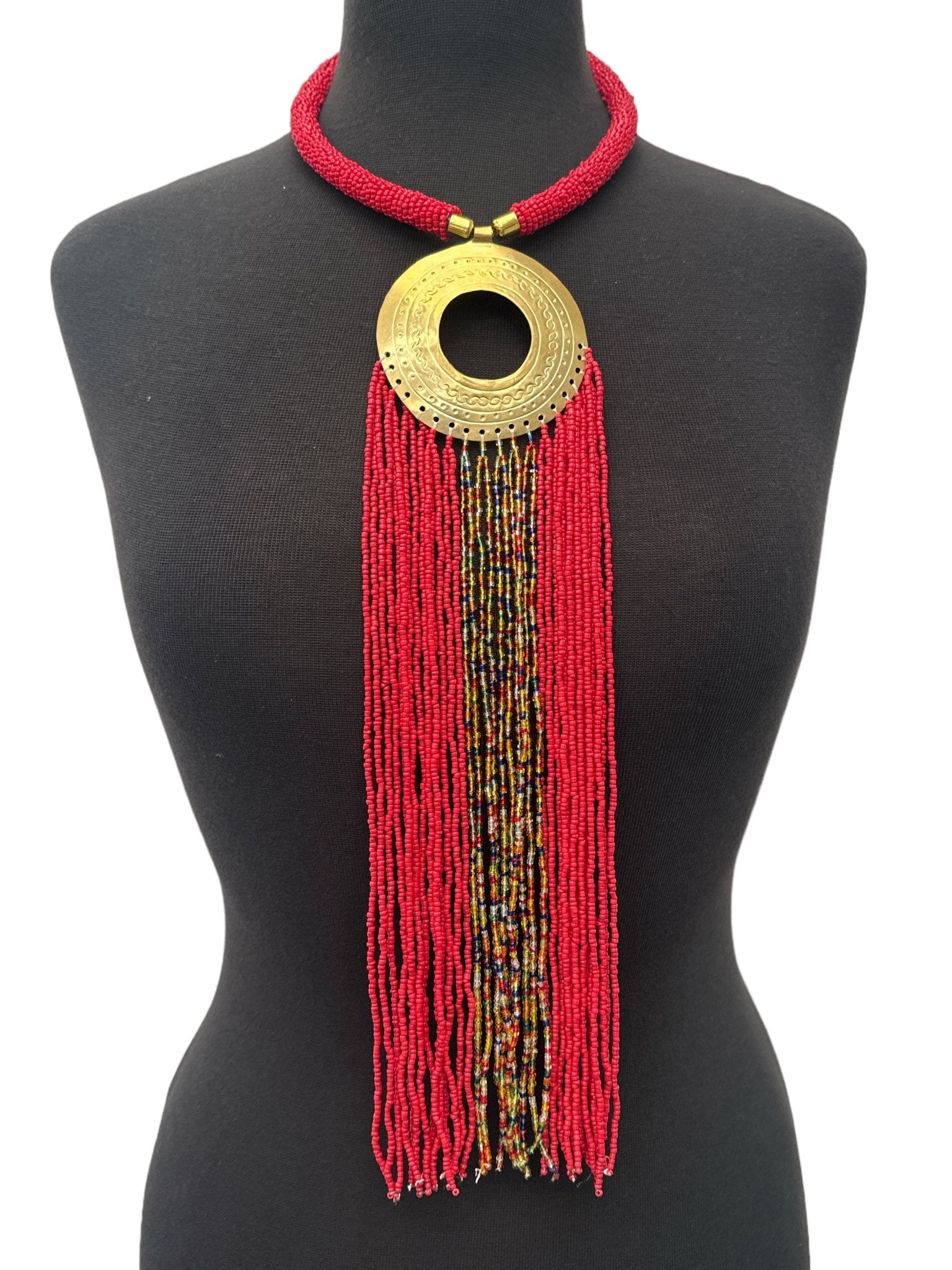 African Authentic Engraved Brass Long Red Beaded Fringe Pendant Necklace - Fatisha Boutique