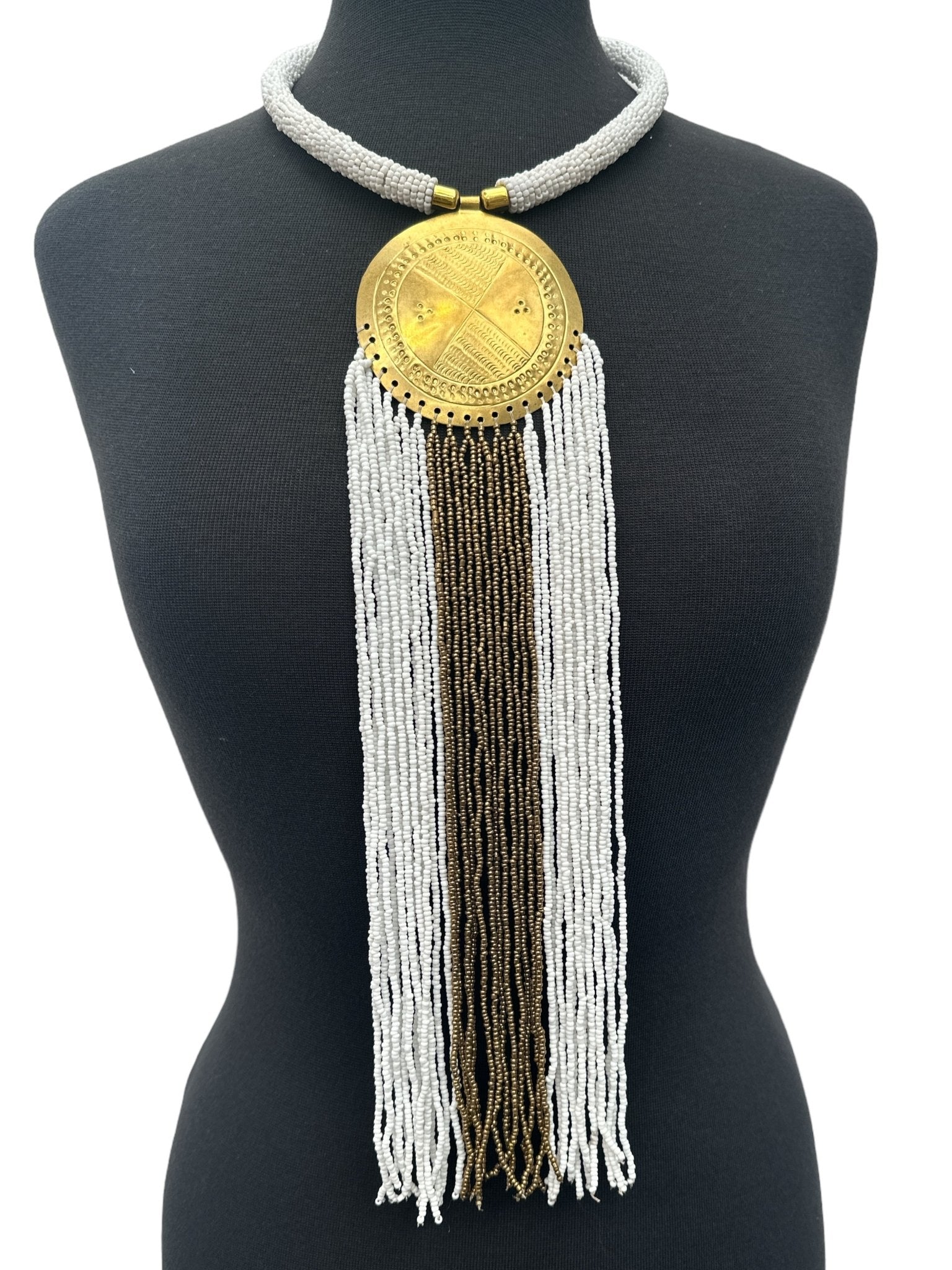 African Authentic Engraved Brass Long White Beaded Fringe Pendant Necklace - Fatisha Boutique