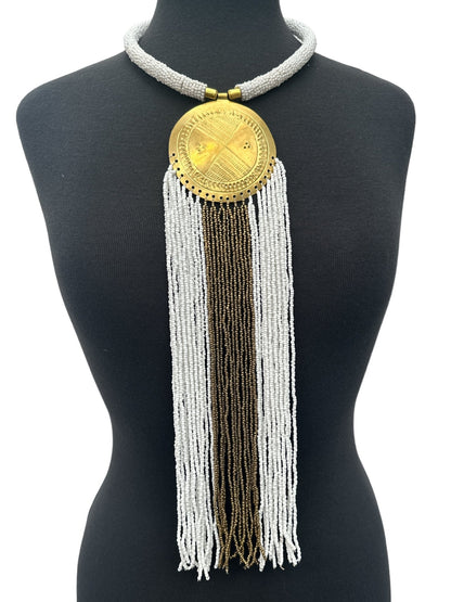 African Authentic Engraved Brass Long White Beaded Fringe Pendant Necklace - Fatisha Boutique