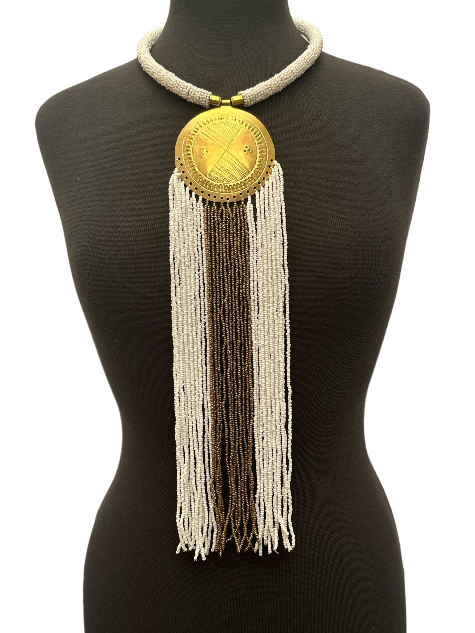African Authentic Engraved Brass Long White Beaded Fringe Pendant Necklace - Fatisha Boutique