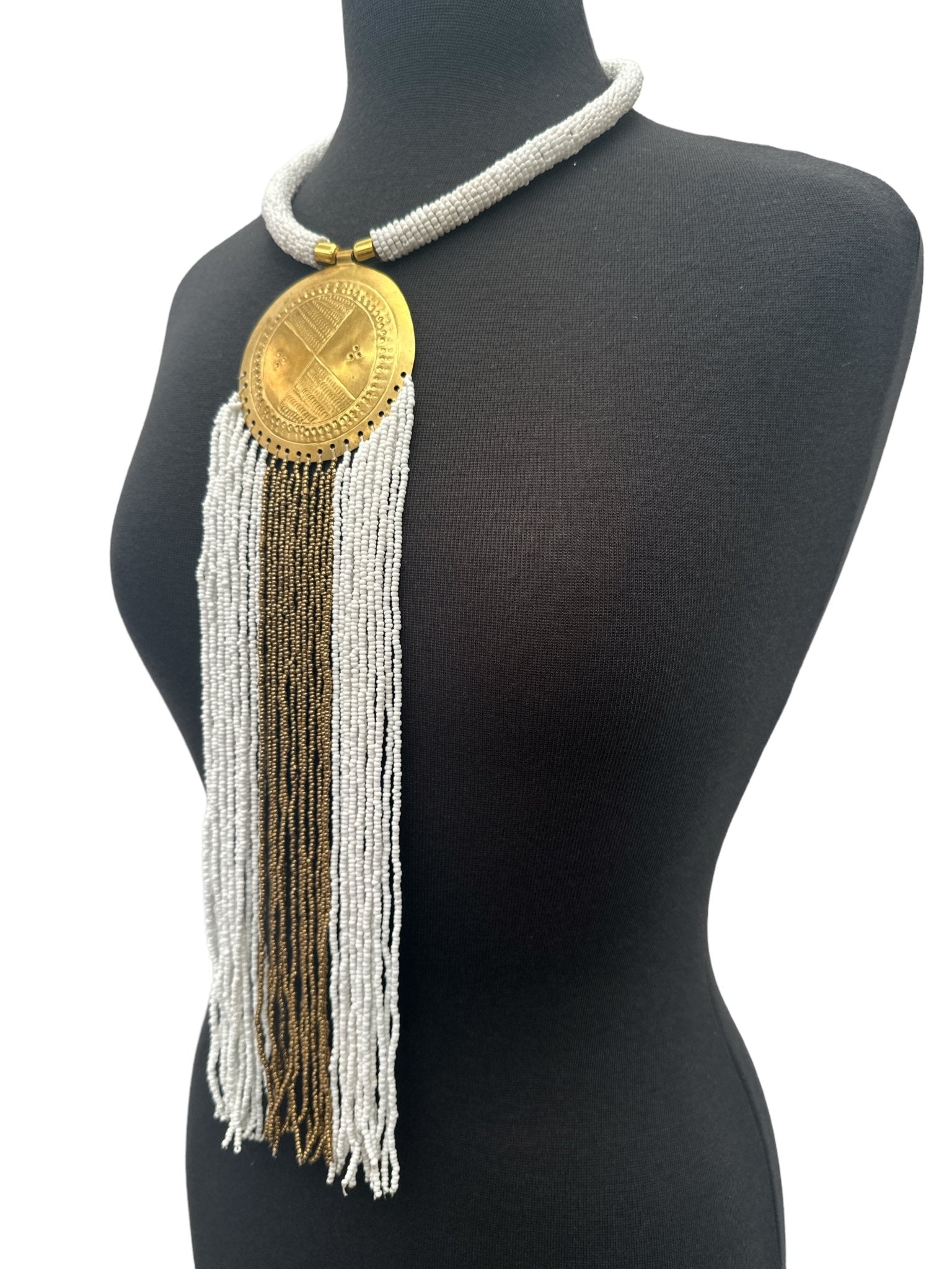 African Authentic Engraved Brass Long White Beaded Fringe Pendant Necklace - Fatisha Boutique