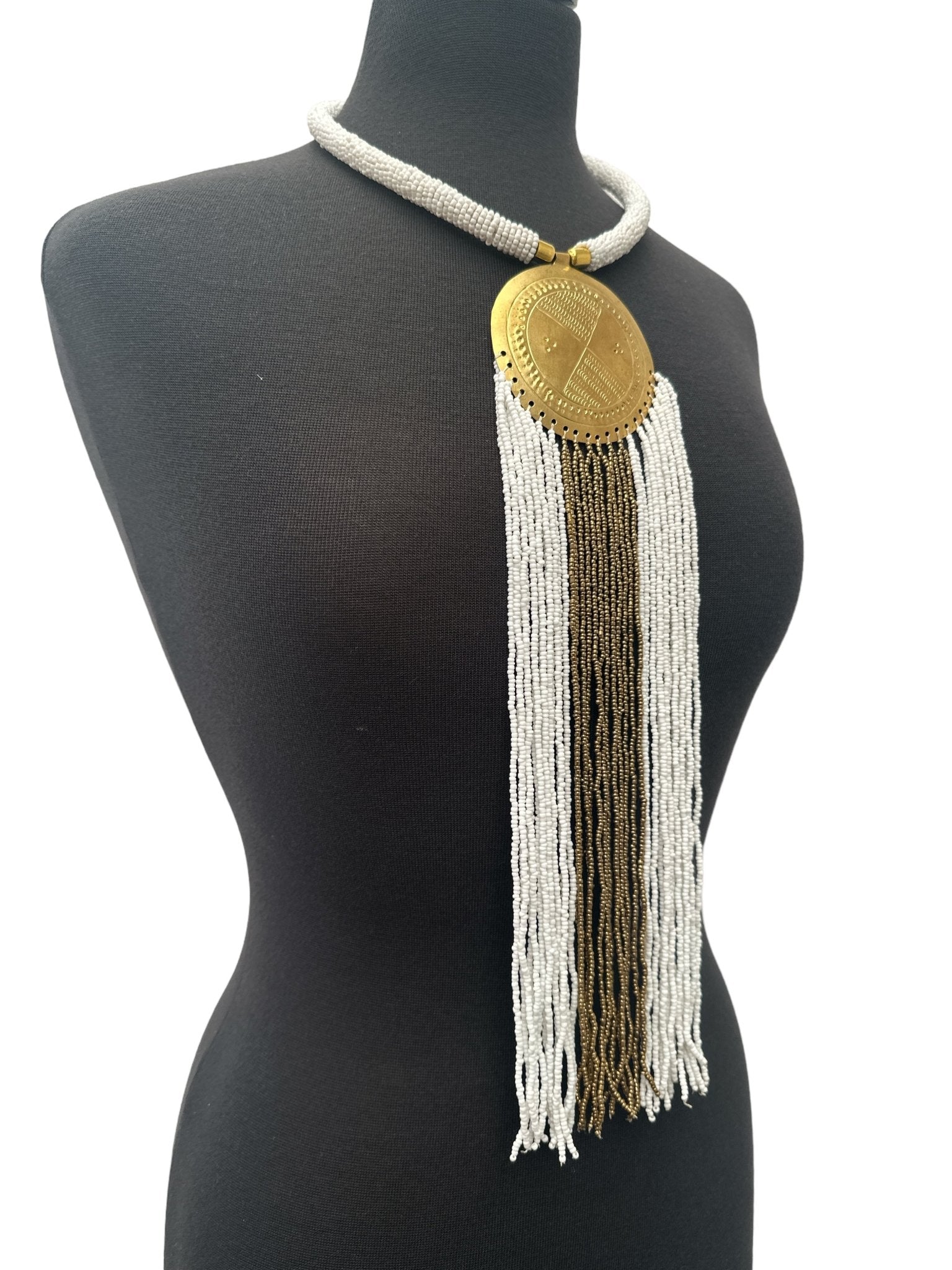 African Authentic Engraved Brass Long White Beaded Fringe Pendant Necklace - Fatisha Boutique