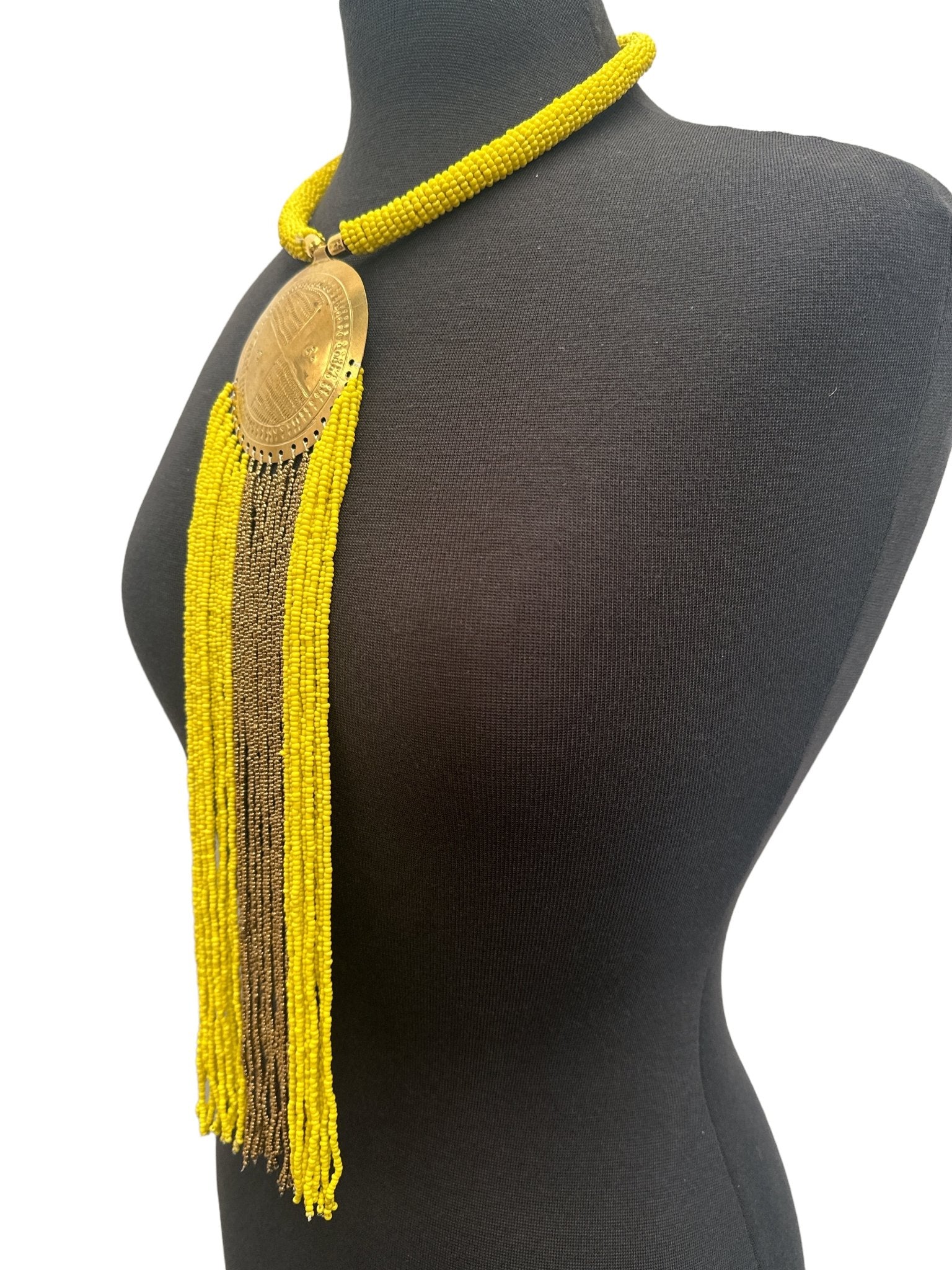 African Authentic Engraved Brass Long Yellow Beaded Fringe Pendant Necklace - Fatisha Boutique