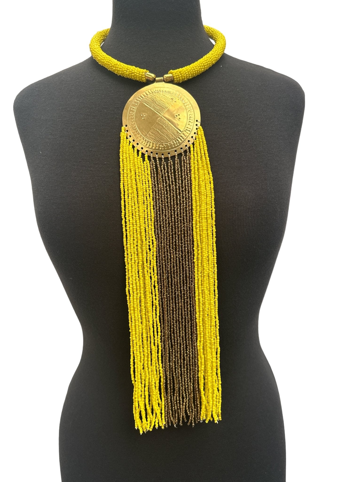 African Authentic Engraved Brass Long Yellow Beaded Fringe Pendant Necklace - Fatisha Boutique