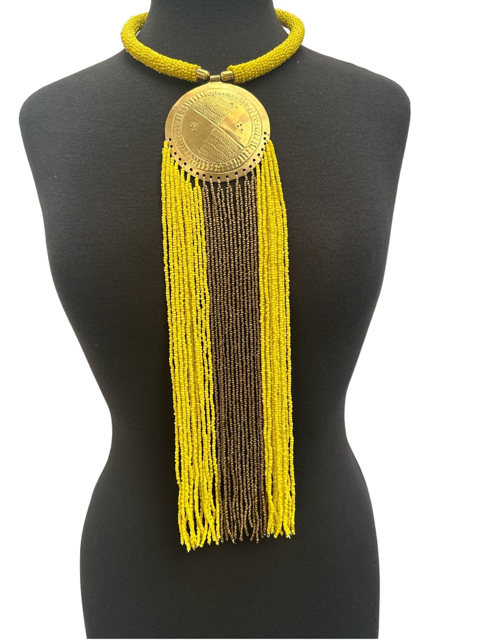 African Authentic Engraved Brass Long Yellow Beaded Fringe Pendant Necklace - Fatisha Boutique