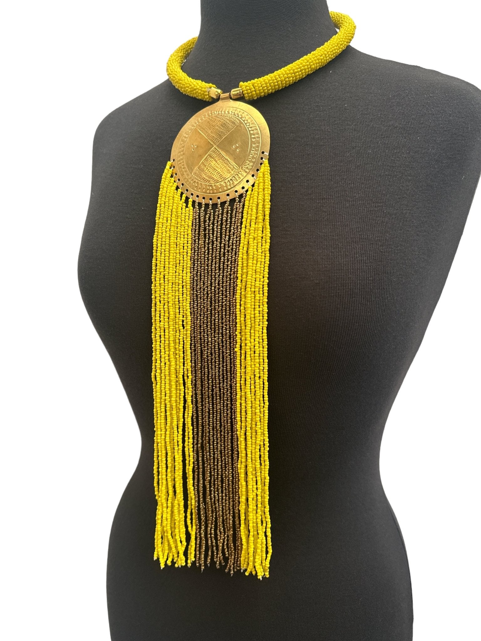 African Authentic Engraved Brass Long Yellow Beaded Fringe Pendant Necklace - Fatisha Boutique