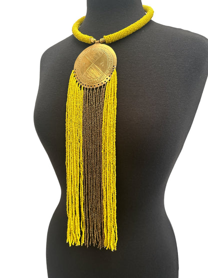 African Authentic Engraved Brass Long Yellow Beaded Fringe Pendant Necklace - Fatisha Boutique