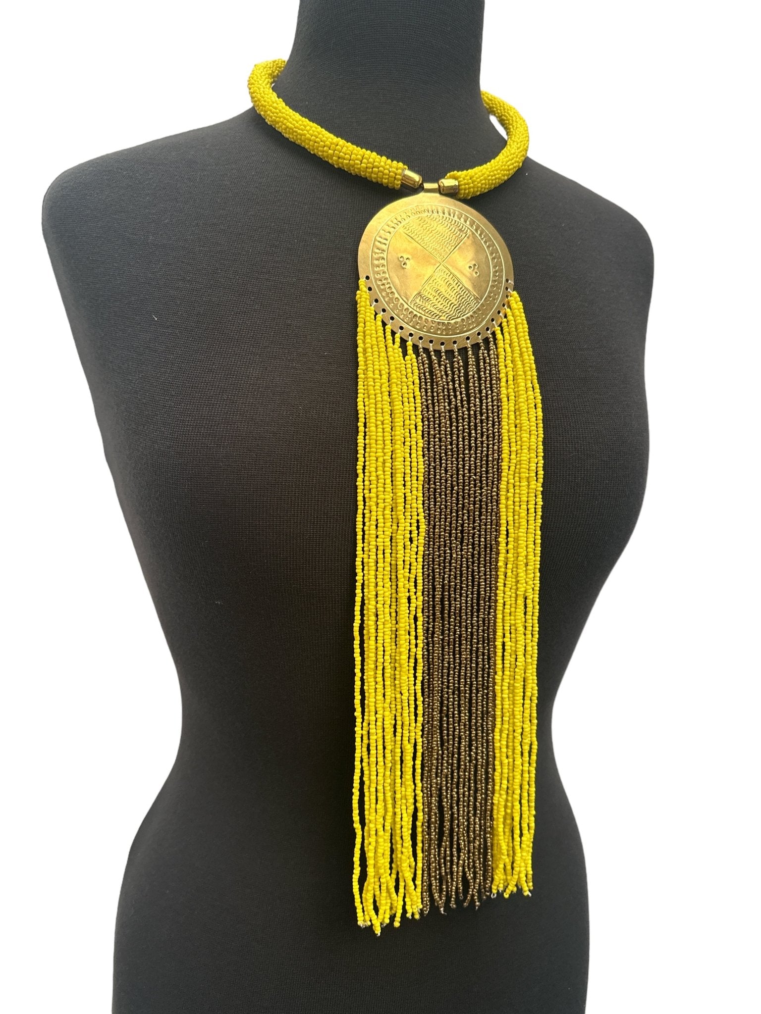African Authentic Engraved Brass Long Yellow Beaded Fringe Pendant Necklace - Fatisha Boutique