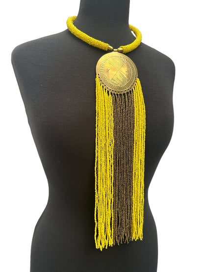 African Authentic Engraved Brass Long Yellow Beaded Fringe Pendant Necklace - Fatisha Boutique
