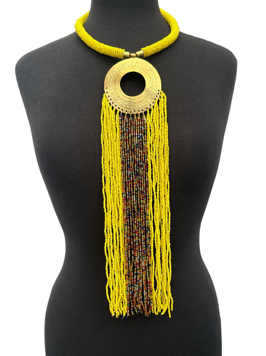 African Authentic Engraved Brass Long Yellow Beaded Fringe Pendant Necklace - Fatisha Boutique