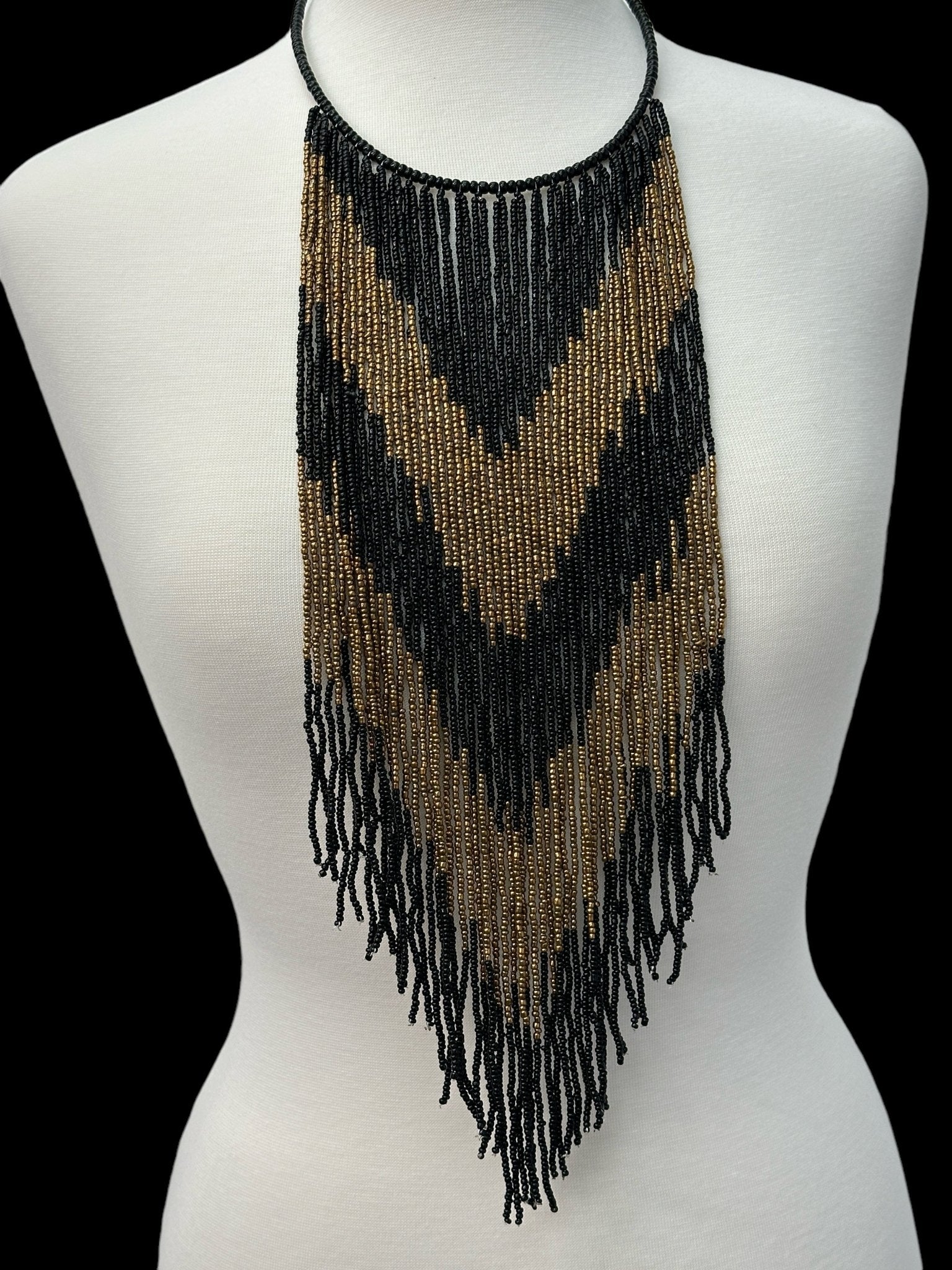 African Authentic Long Black Beaded Fringe Tassels Necklace Pendant - Fatisha Boutique
