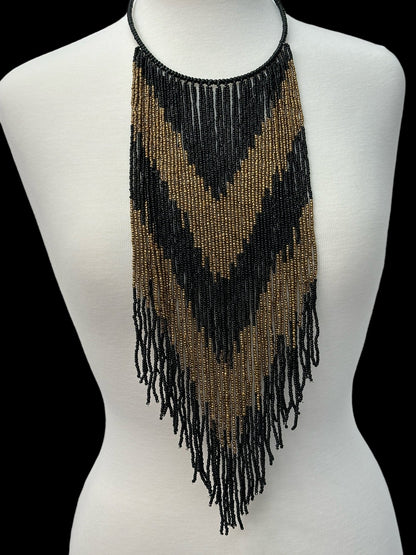 African Authentic Long Black Beaded Fringe Tassels Necklace Pendant - Fatisha Boutique
